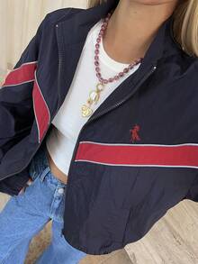 DAZY Women's Stand Collar Long Sleeve Loose Open Front Contrast Color Patchwork Embroidery Casual Street Jacket Y2k - Navy Blue - View 4