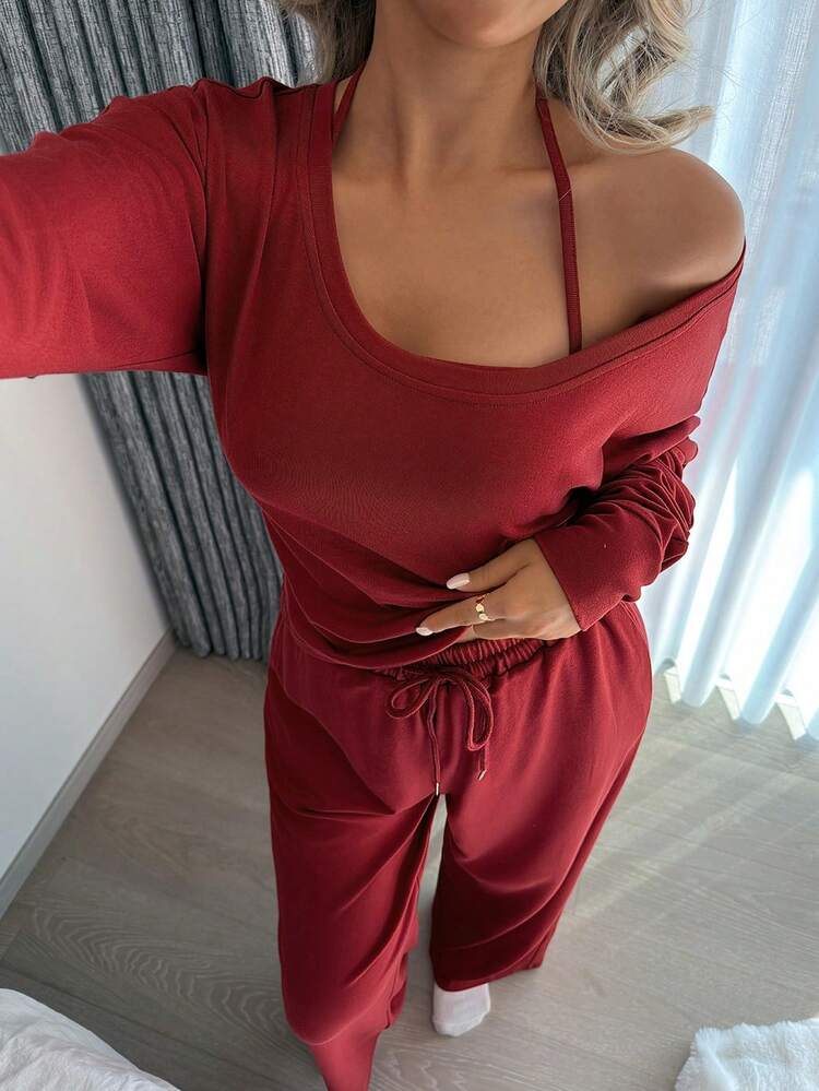 3pcs Solid Color Knit Batwing Sleeve Top, Spaghetti Strap, And Long Pants Women Pajama Set