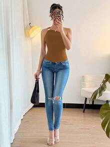 RosyDaze Women's Black Sexy Metallic Pleated Sleeveless Bodysuit One Shoulder Top One Sleeve Top Brown Top One Shoulder Blouse - Rust Brown - View 4