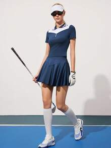 CourtClass CourtClass 女士纯色高腰褶皱高尔夫迷你裙 - 藏蓝色 - 查看 4