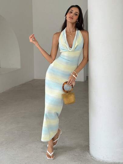 Aloruh Women's Sexy Halter Backless Tie-Up Gradient Striped Bodycon Dress, Suitable For Beach Vacation In Spring/Summer