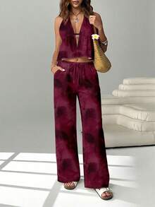 SHEIN EZwear 休闲简约度假波西米亚风优雅浪漫复古渐变印花图案，适合音乐节、派对、海滩、度假穿着，女士系带吊带背心和抽绳阔腿裤两件套 - 彩色 - 查看 5