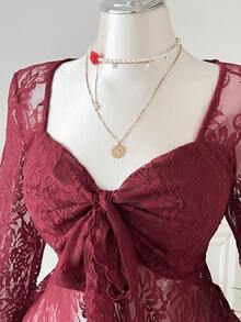 SHEIN EZwear 酒红色加大码纯色心形领喇叭袖时尚系带T恤 - 酒紅色 - 查看 4