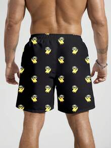 Manfinity Swimmode 男士卡通印花抽绳腰带沙滩短裤，夏季 - 黑色 - 查看 2