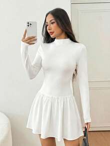 SHEIN PETITE 女士纯色立领长袖荷叶边迷你连衣裙，秋冬款 - 白色 - 查看 6