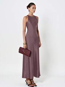 Aveloria Modichic Minimalist Elegant Asymmetric Bias Cut Double-Sided Satin-Like Acetate Fabric A-Line Sleeveless Dress For Women - Dusty Purple - View 2
