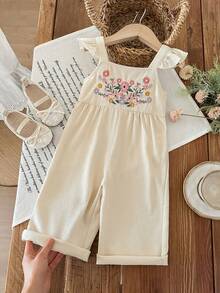 LMoss Kids Cute Baby Girl's Ruffled Sleeve Romper With Adorable Floral Embroidery, Perfect For Summer Vacation, Casual And Stylish. - Khaki - View 1