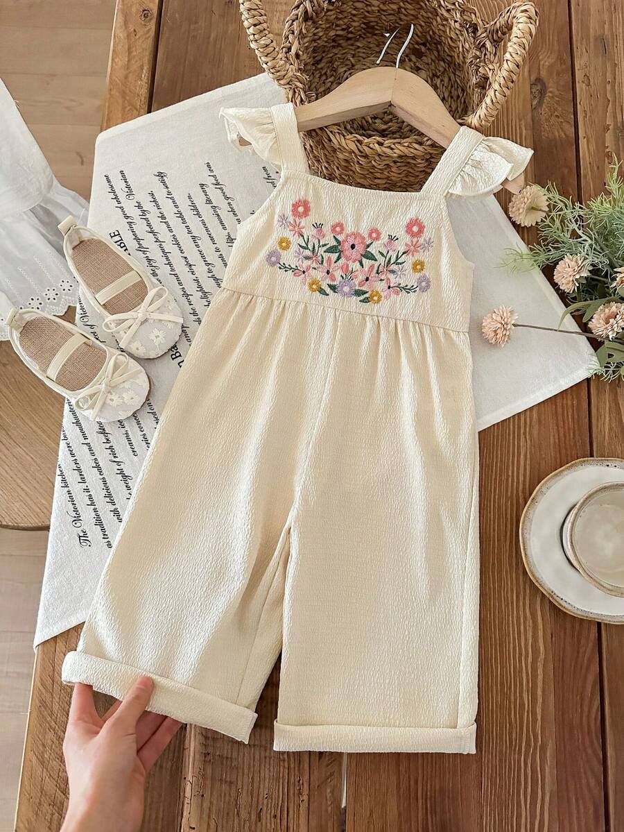LMoss Kids Cute Baby Girl's Ruffled Sleeve Romper With Adorable Floral Embroidery, Perfect For Summer Vacation, Casual And Stylish. - Khaki - View 1