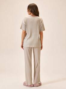 Cotton Line Women Bow Pattern Cute Comfy 2Pcs Pajama Set - Beige - View 2
