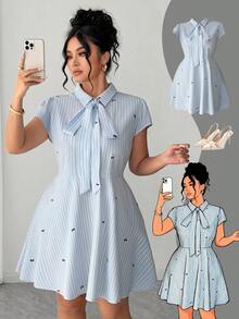 Elenzga Women's Casual Short Sleeve Collared Striped Button Shirt Dress With Flared Skirt - Multicolor - View 3