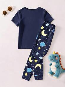 一套夜光太空恐龙印花针织弹力圆领上衣和全印花打底裤睡衣套装，适合小男孩，可作为儿童礼物 - 寶藍色 - 查看 2