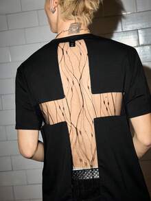 ROMWE MEN Grunge Punk Men's Sexy Mesh Patchwork Backless Short Sleeve T-Shirt, Spring/Summer - Black - View 2