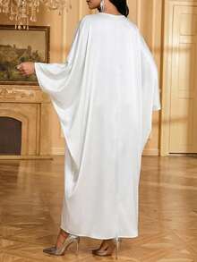 SHEIN Lady Women's Floral Contrast Lace Batwing Sleeve Elegant Dress - White - View 2