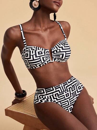 Travachic Women's Geometric Pattern Spaghetti Strap Sexy Swimsuit Set,Beach,Beach Outfits For Women,Beach Set,Going Out,Vacation,Vacation Outfits Women,Holiday,Summer,Summer Clothes,Summer Outfits For Women,Valentine's Day,Carnival,Carnival Costume,Party ,Going Out,Going Out Outfits,Casual,Elegant,Y2k,Flower,White ,Black