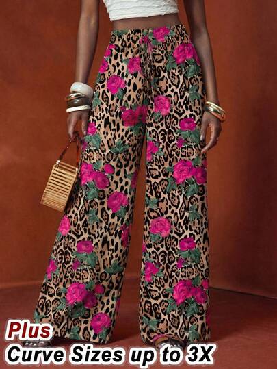 Veslaya 2026 Spring/Summer New Collection Features Loose-Fitting, High-Waisted Rose And Leopard Print Plus Size Women's Trousers, Perfect For Music Festivals, Easter