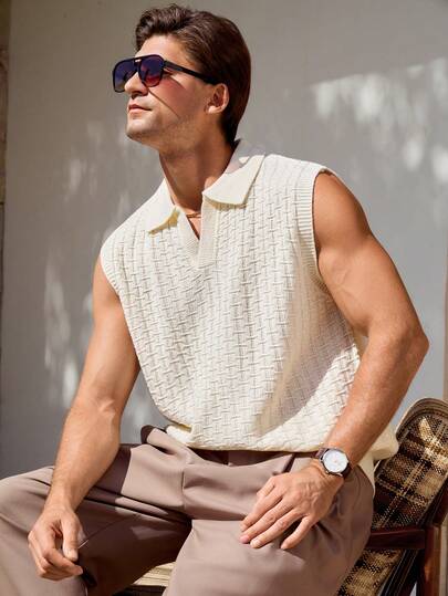 Manfinity CityGents Men's Casual V-Neck Loose Knit Vest, Suitable For Summer Holiday, Daily Commute, Minimalist Solid Color Men Italy Vacation Outfits Men Crochet Top Men Knit Tops