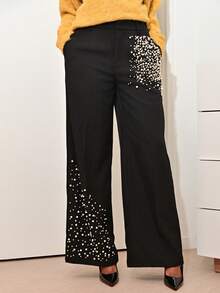 Mima John 时尚女式串珠口袋宽腿宽松裤 - 黑色 - 查看 6