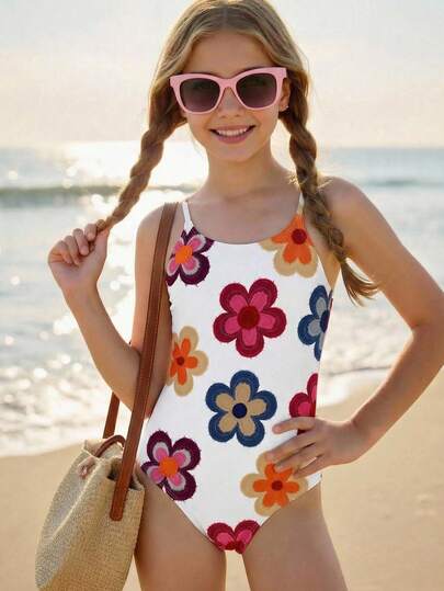 Vintage Floral Pattern, Beach Vacation, #Coconutgirl, Tween Girls Casual Minimalist One-Piece Swimsuit, Suitable For Summer