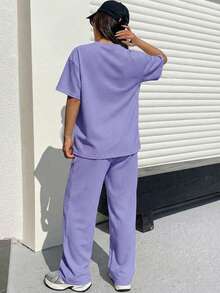 SHEIN EZwear 女士休闲日常通勤时尚街头宽松字母印花落肩T恤搭配松紧腰阔腿裤套装，春夏秋季 - 紫丁香色 - 查看 2