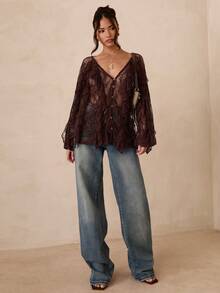 SHEIN Glamour Casual Street Coffee V-Neck Long Sleeve Blouse For Women Brown Lace Top Lace Cover Up Boho Blouses Lace Kimono Sheer Cardigan - Coffee Brown - View 5