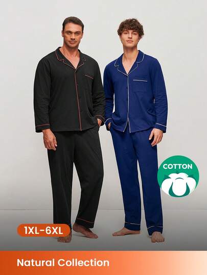 LUVLETTE Conjunto de pijama de talla grande de otoño e invierno de 100% algodón puro negro básico con botones y pantalones para hombres, conjunto de ropa de estar en casa para hombres con pantalones con bolsillos
