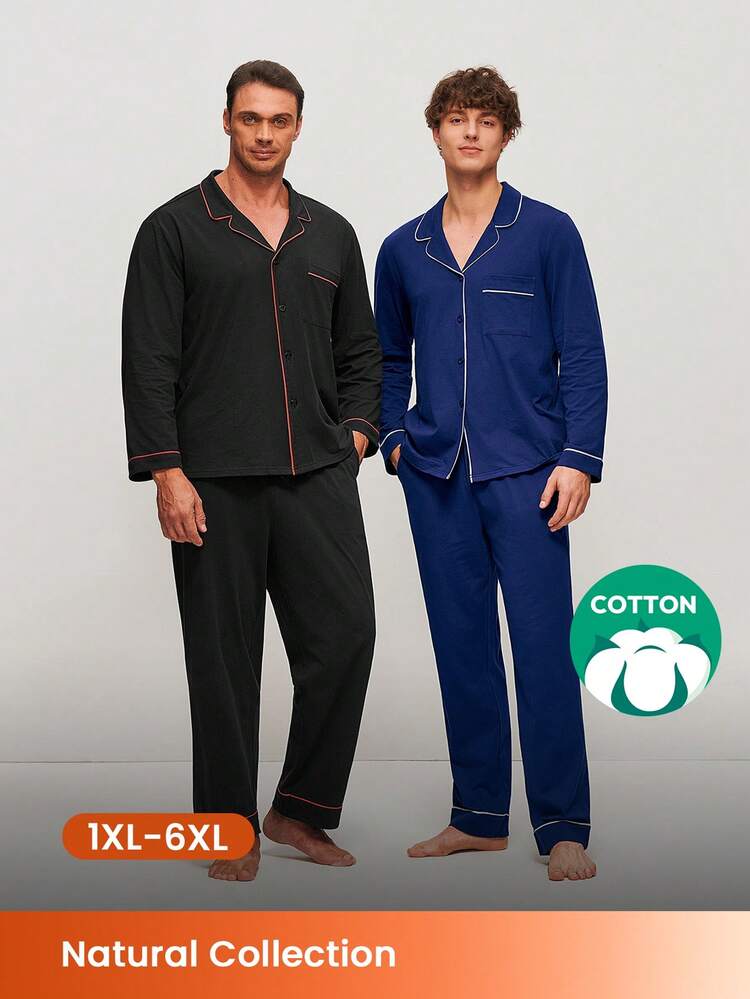Ensemble de pyjama grande taille printemps et été en 100% coton doux noir, Top à boutons longs et pantalon. Ensemble de détente pour hommes avec pantalon à poches. Pyjama en coton