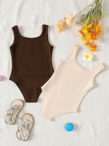 SHEIN Set de 2 bodys de punto de unicolor, estilo callejero para niña, para primavera/verano - Marrón - Ver 2