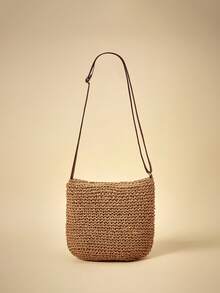 Travachic Letter Patch Decor Straw Bag,Mother's Day Gift For Mom, Beach Essentials Women Bags For Vacation & Holiday, Summer Straw Beach Bag For Women, Vacation Essentials, Perfectly Matching With Beach Accessories Women, Hottest Beach Bags For Women - Khaki - View 4