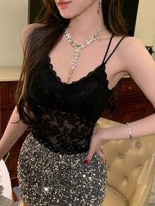 FRIFUL 女士蕾丝拼接性感百搭约会之夜吊带背心，夏季款 - 黑色 - 查看 5