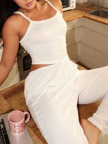 Lowkey Lull INS Comfortable Minimalist Lace Slim Fit Casual Camisole & Pants Pajama Set, Women Sleepwear - White - View 2