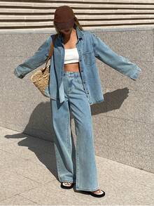 Livesso 女士休闲牛仔外套（带领子和口袋）和裤子套装 - 淺色水洗藍 - 查看 8