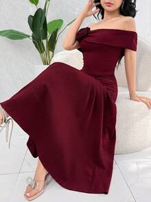 Feyla Elegant Off-Shoulder 3D Floral Dress For Women - Dark Red - View 4