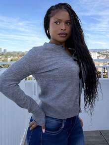 Tyla Gomez 春秋季纯色纽扣开衫、长袖上衣 - 灰色 - 查看 3