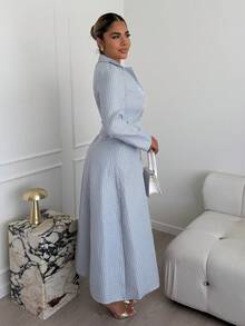 Maria Perezxox New Women Lapel Long Sleeve Faux Pocket Open Front A-Line Long Dress, Casual Resort Daily Versatile Youthful Elegant - Gray Blue - View 4