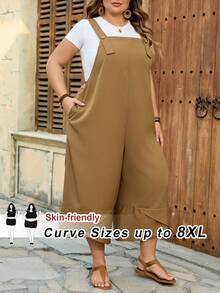 SHEIN CURVE+ Curve 尺码 US22 音乐节、海滨度假、波西米亚风女士黑色连体裤，配有可调节肩带、纽扣闭合和开衩裤腿口袋，适合春季穿着。 - 卡其色 - 查看 1