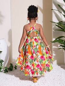 Cozy Pixies Vestido de niña bebé con estampado tropical lindo, con escote halter y espalda descubierta, con bajo alto, adecuado para verano y vacaciones - Naranja - Ver 4