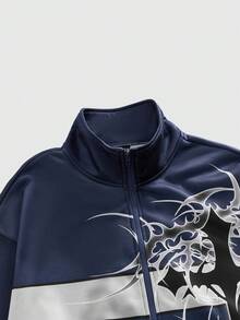 ROMWE MEN Street Life Men's Fashionable Casual Zip-Up Graphic Sweatshirt - Blue - View 4