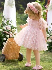 One-Piece Baby Girl 3D Bow Woven Princess Sleeve Dress, Suitable For Parties, Outings, And Other Occasions. Pink Toddler Butterfly Dress Pink Princess Dress Babygirl Princess Puffy Dress Pink Bow Dress Pink Flower Girl Dress Pink Bow Baby Dress Baby Butterfly Dress Pink Baby Dress Pink Butterfly Baby Dress - Pink - View 9