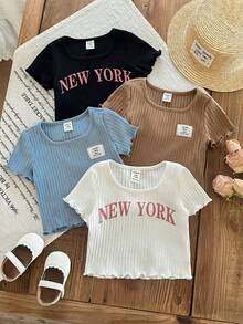 SHEIN Baby Girl Casual Cute Solid Color Knit Short Sleeve Top, Multi-Color,Kids - Multicolor - View 1
