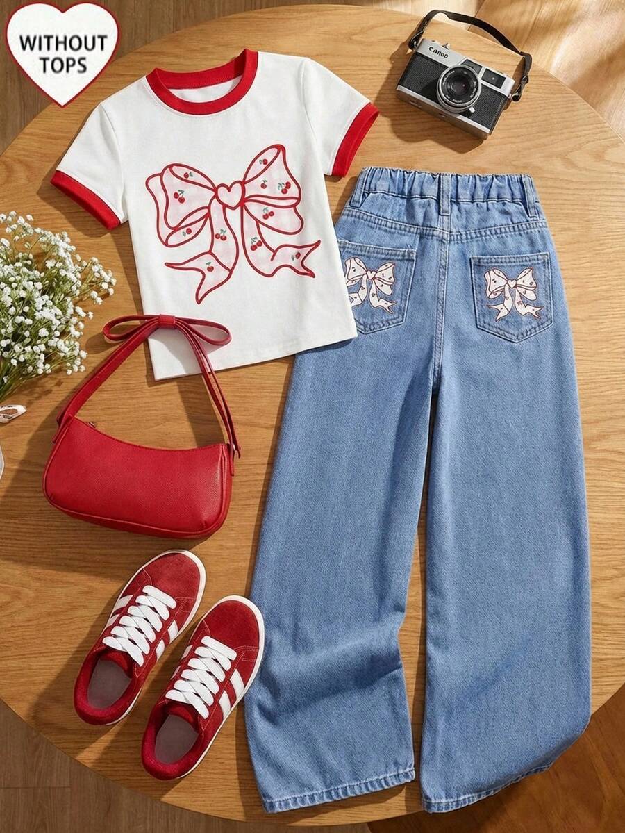 SHEIN 少女时尚休闲 Y2K 复古酷炫街头可爱精致蝴蝶结樱桃图案蓝色宽松舒适牛仔裤日常穿搭春夏锐舞节和街头服饰 - 藍色 - 查看 1