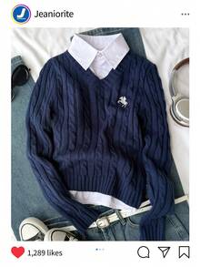 SHEIN 1 件女式经典粗针织套头衫，V 领修身长袖常规厚度针织上衣，带有黑色骏马刺绣装饰，舒适百搭，适合春秋季节，休闲日常穿着 - 藏蓝色 - 查看 7