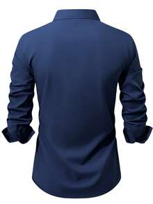 Manfinity Mode Elegant Men's Navy Blue Long Sleeve Shirt Collar Polyester Blouse Regular Length Business Casual Men Shirt Navy Blue Dress Shirt Men Slim Fit Dress Shirt Men Men Black Dress Shirts - Navy Blue - View 2
