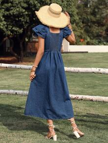 Breezaya 优雅荷叶边下摆收腰长款牛仔连衣裙，女士款 - 中等水洗藍 - 查看 2