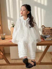 DAZY Young Girl Long Sleeve Button Half Placket Mesh Hem Hoodie Shirt And Pants Cute Set - White - View 6