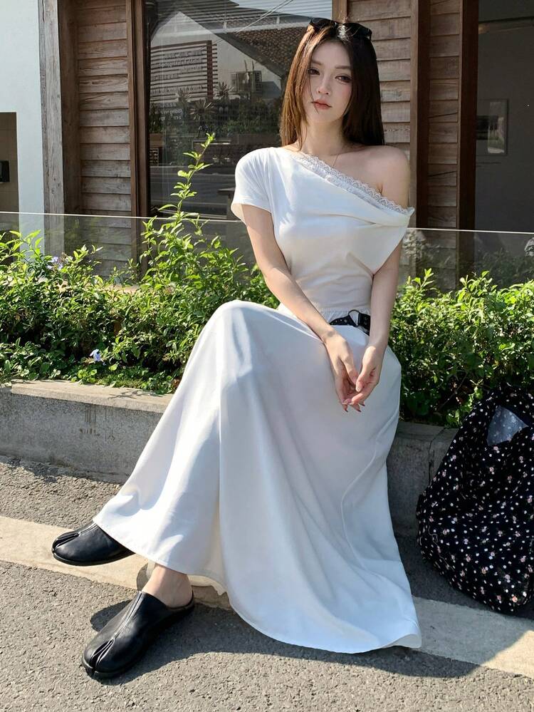 Women's Lace Trim Shoulder Strap Solid Color Mid-Length Dress, Korean Style Sundress