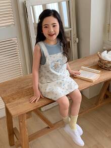 DAZY Vestido de peto vaquero informal con bolsillo, estampado floral y lazo para niña - Beis - Ver 5