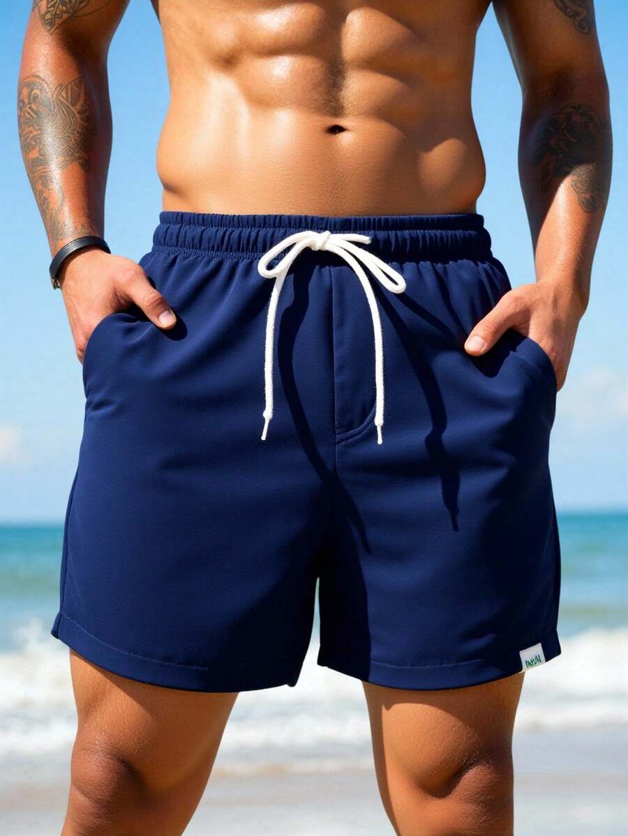 Zalmeno Pantalones cortos de playa con cintura con cordón, estampado geométrico de doble capa para hombre - Azul Marino - Ver 1