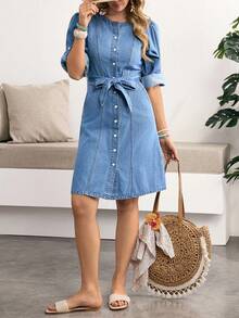 Breezaya Women's Casual Daily Front Button Round Neck Denim Dress, Summer - Blue - View 6