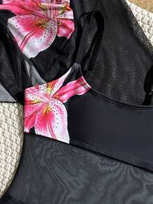 1件女童黑色底粉色百合花连体泳衣+短款网纱罩衫 - 彩色 - 查看 5