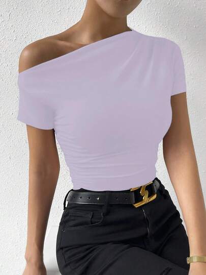 Selianne Summer Casual Solid Color Asymmetric Neck Ruched Fitted T-Shirt